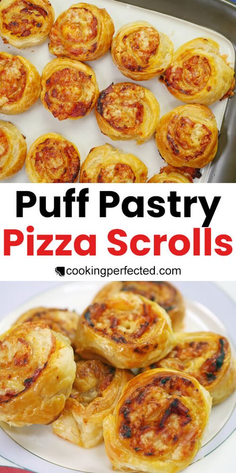 Puff Pastry Pizza Scrolls - Cooking Perfected Scroll Recipe Savoury, Puff Pastry Party Snacks, Puff Pastry School Lunch, Pizza Puff Pastry Recipes, Puff Pastry Rolls Appetizers, Pizza Puff Pastry Twists, Pizza Pastry Puffs, Puff Pastry Finger Food Recipes, Savoury Scrolls Recipes