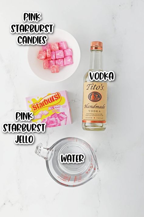 Pink Jello Shots Vodka, How To Make Pink Jello Shots, Pink Starburst Jello Shots Recipe, Rose Gold Jello Shots, Bride Jello Shots, 21st Birthday Jello Shots, Strawberry Starburst Jello Shots, Jello Shots Starburst, Gluten Free Jello Shots