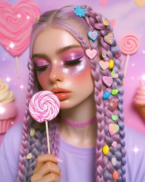 Candy Face Makeup, Candyland Makeup Ideas, Crazy Contour, Candy Inspired Makeup, Candyland Makeup, Candy Makeup Look, Candy Girl Costume, Shocked Expression, Candy Photoshoot