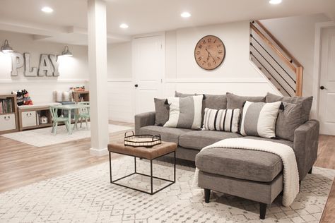 See how to turn your basement from dungeon to a dream! Find all the links for this modern play/family room here! Finished Basement Designs, Farmhouse Playroom, Basement Decoration, Dream Basement, Basement Inspiration, Basement Living Rooms, Diy Basement, Basement Family Room, Basement Apartment