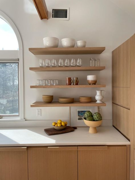 HGTV.com shows a floating shelves in a minimalistic, Scandinavian-inspired kitchen that are made of white oak. White Floating Shelves Kitchen, Kitchen Open Shelves, Japandi Kitchen, Kitchen Floating Shelves, White Oak Kitchen, Oak Floating Shelves, Minimalist Shelves, Floating Shelf Decor, Wall Shelving Units