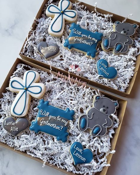 Such a fun gift for Godparents!! #mamimorcookies #decoratedcookies #godparentcookies #religiouscookies #crosscookies #godmothercookies… Godparent Proposal Cookies, Cookie Proposal, Proposal Cookies, Gift For Godparents, Mothers Cookies, Godparent Proposal, Cross Cookies, God Mother, God Father