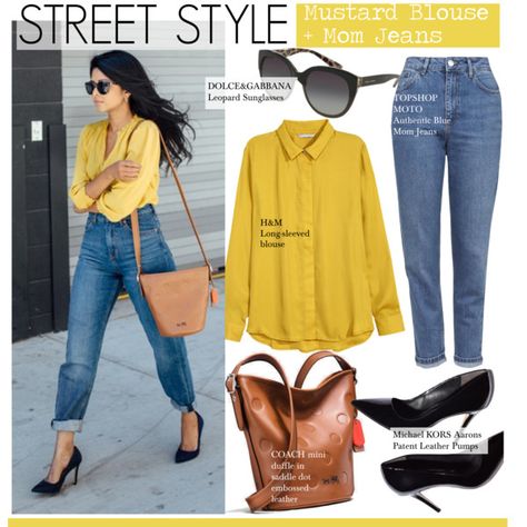 A fashion look from September 2015 featuring Topshop jeans and Dolce&Gabbana sunglasses. Browse and shop related looks. Mustard Blouse Outfit, Mom Jeans H&m, Jeans And Blouse, Mustard Blouse, Heels Orange, Boho Fashion Over 40, 40 Fashion Women, Blue Mom Jeans, Mom Jeans Outfit