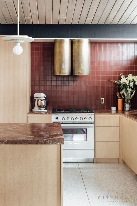 Custom Kitchen Remodel, Bold Kitchen, Red Marble, Home Design Diy, Fireclay Tile, Mid Mod, Stone Countertops, Shelf Design, Custom Kitchen