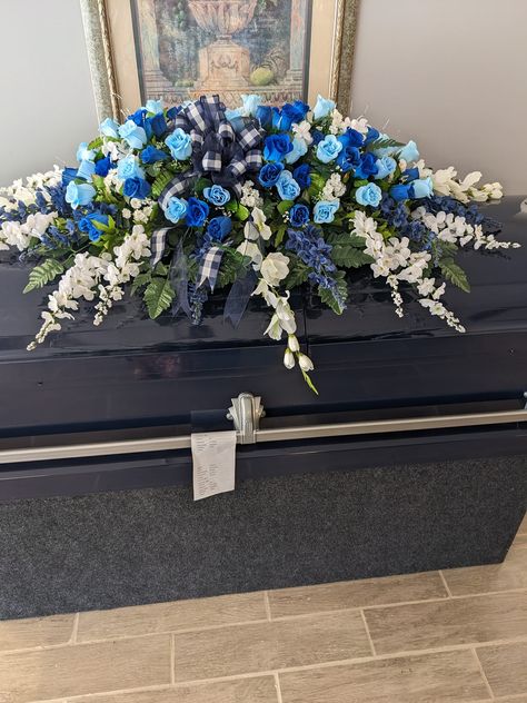 Navy Blue Modest Series Casket and Casket Spray in silk navy, royal, baby blue and white flowers and greenery. Casket Spray, Casket Sprays, Blue And White Flowers, Flowers And Greenery, Royal Baby, White Flowers, Baby Blue, Spray, Blue And White