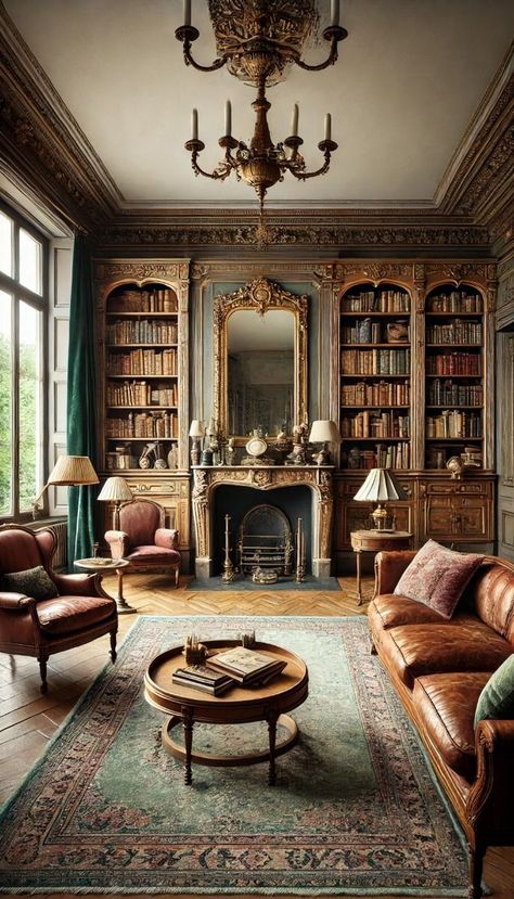 Antique Leather Sofa Living Rooms, British Heritage Interior, Antique Marble Fireplace, Old World Fireplace Ideas, Regal Living Room, 19th Century Interior Design, Antique Apartment Aesthetic, Colonial Living Room With Fireplace, Vintage Built In Bookshelves