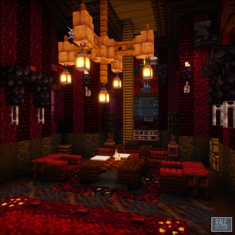 A Minecraft Halloween Pumpkinshade Manor with a full survival interior! You can download this build on my Patreon, just follow the link! Minecraft Nether Room Design, Minecraft Nether Room, Mc Room Ideas, Nether Room Minecraft, Ceiling Design Minecraft, Chandelier In Minecraft, Minecraft Vampire House, Large Minecraft Builds, Red Minecraft House