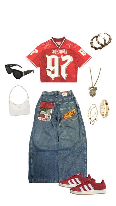 90s Outfits With Shorts, Bold Red Outfit, Jerseys Outfits Women, $ui̇ci̇deboy$ Outfits, Blue Outfits Streetwear, Jncos Outfit, Martin Outfits 90s, Jnco Jeans Aesthetic, Jersey Style Outfits