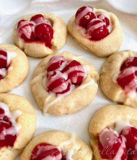 Easy Cherry Pie Shortbread Thumbprint Cookies - La Bella Vita Cucina Shortbread Thumbprint Cookies, Easy Cherry Pie, Cherry Pie Cookies, Italian Lemon Cookies, Cranberry Orange Shortbread Cookies, Cookie Dough Ingredients, Pistachio Biscotti, Cherry Topping, Xmas Baking