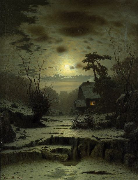 Louis Douzette, Moonlight Painting, رعب نفسي, Arte Inspo, Alam Yang Indah, Moon Art, Vintage Artwork, Winter Landscape, Fantasy Landscape