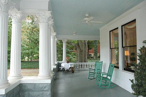 Paint Your Porch Ceiling, Haint Blue | http://betweennapsontheporch.net/paint-your-porch-ceiling-haint-blue/ - SUNROOM CEILING - BENJAMIN MOORE - PALLADIAN BLUE Florida Pensacola, Haint Blue Porch Ceiling, Blue Porch Ceiling, Blue Porch, Brick Pillars, Palladian Blue, Southern Porches, Porch Paint, Haint Blue