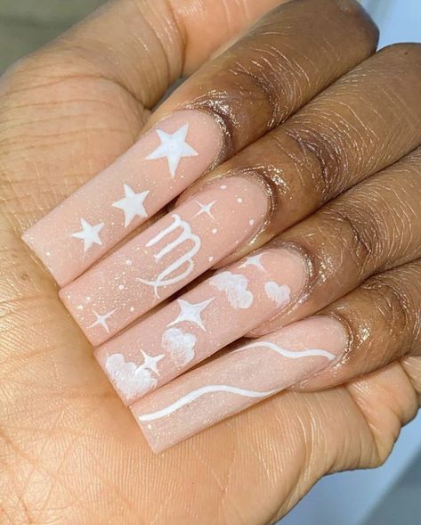 Birthday Nails Virgo, Astrology Nails, Virgo Nails, Zodiac Nail Designs, 21st Birthday Nails, Birthday Nail Designs, Moon Nails, Long Acrylic Nails Coffin, Nail Idea