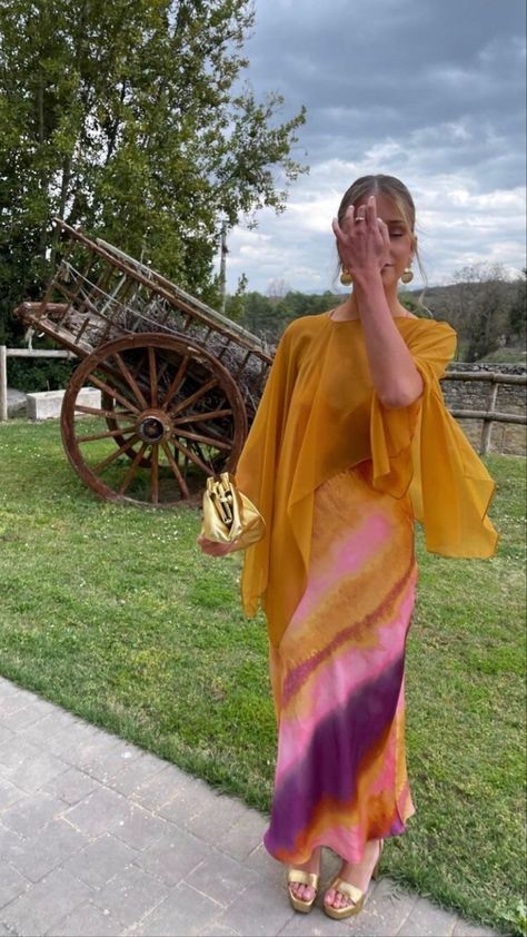 Wedding Guest Dress With Shawl, Dress With Shawl Wedding Guest, Spanish Wedding Guest Outfit, Garden Cocktail Attire Wedding, Shawl Wedding Guest, Shall Outfits, Citrus Aesthetic, Sheer Shawl, Wedding Ootd