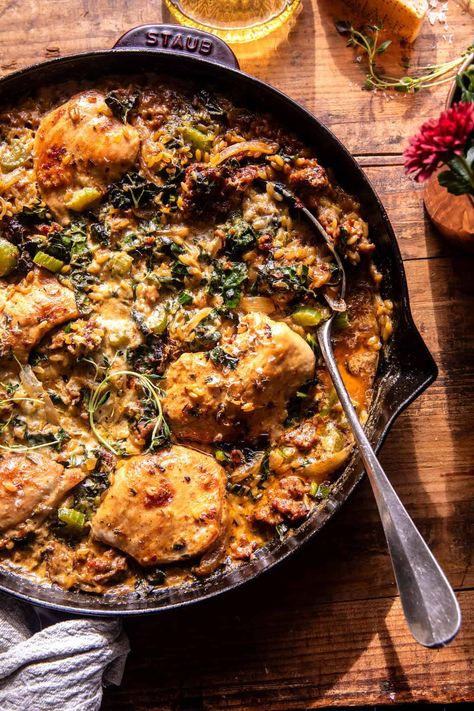 One Skillet Tuscan Chicken and Orzo | halfbakedharvest.com Tuscan Chicken And Orzo, Creamy Chicken And Orzo, Orzo Dinner, Chicken And Orzo, Half Baked Harvest Recipes, Italian Chicken Sausage, Italian Sausage Soup, Skillet Dishes, Chicken Bake