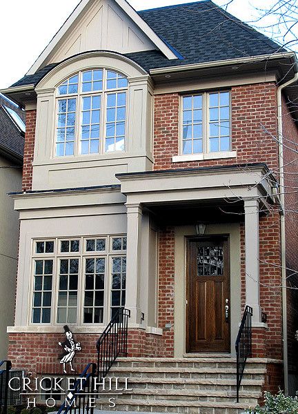 Red Brick House Exterior Trim Colors, Asymmetrical Colonial Exterior, Brick Front House, Orange Brick Houses, Brick House Exterior Makeover, Hill Homes, Steel Homes, Red Brick House Exterior, Red Brick Exteriors