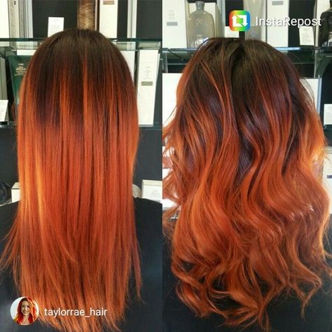 Brunette To Orange Hair, Dark Roots Copper Ends, Orange Ombré Hair, Balayage Orange Hair, Orange Hair Balayage, Orange Bayalage Hair, Brown To Copper Ombre, Orange Hair Ombre, Brown To Orange Ombre