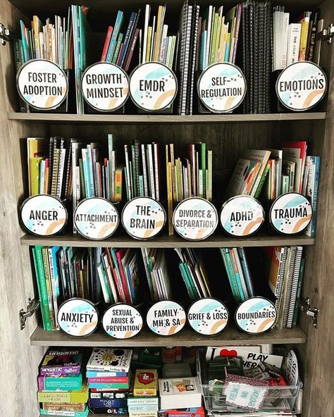 School Counseling Organization Ideas, Cozy Therapy Office Space, Rbt Office Ideas, School Therapist Office Decorating Ideas, Boho School Counselor Office, Bibliotherapy Counseling, School Social Work Office Ideas, Boho Counseling Office, High School Counselor Office Decor Ideas