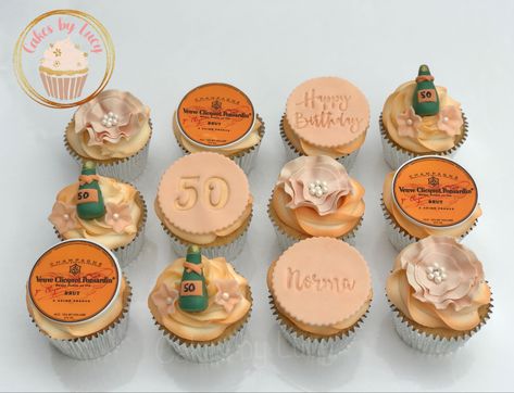 Veuve Birthday Cake, Veuve Clicquot Cake, Veuve Clicquot Birthday Cake, Veuve Cookies, Vueve Champagne Party Decor, Veuve Before Vows Cookies, Vueve Champagne Decor, 50th Cupcakes, Veuve Party