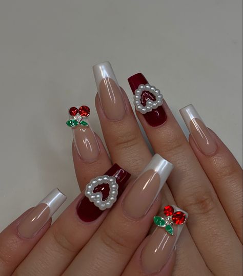 Valentines Nails With Charms, Long Red Acrylic Nails Design, Valentines Day Nails With Charms, Valentine Coquette Nails, Red Nails Coquette, Coquette Acrylic Nails, Coquette Nails Aesthetic, Y2k Aesthetic Nails Red, Cherry Charm Nails