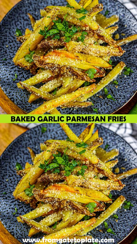 BAKED GARLIC PARMESAN FRIES Baked Garlic Parmesan Fries, Garlic Parmesan Fries, Parmesan Fries, Baked Garlic, Baked Fries, Garlic Parmesan, Perfect Side Dish, Family Friendly Meals, Healthy Ingredient