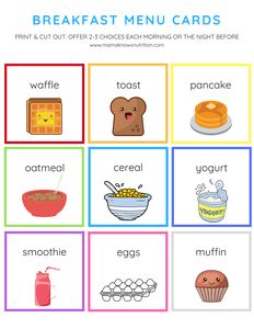 Breakfast Menu Cards for Toddlers and Preschoolers Toddler Menu Printable, Breakfast For Preschoolers, Breakfast Menu For Kids, Breakfast Menu Ideas, Homeschool Meals, Esl Preschool, Toddler Menu, Toddler Breakfast, Food Cards