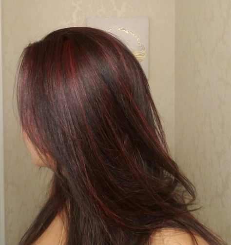 Under Hair Dye Burgundy, Ted Highlights For Black Hair, Black Hair With Light Red Highlights, Hair Dye Red Highlights, Light Brown And Red Highlights, Red Face Framing Highlights Black Hair, Dyed Hair Red Highlights, Dark Cherry Red Highlights In Black Hair, Auburn Streaks In Black Hair