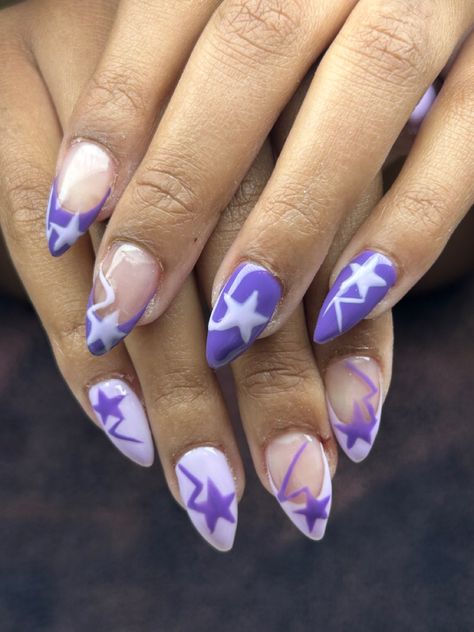 Lavender purple star nails Short Nails Acrylic Lavender, Purple Star Nail Designs, Nail Inspo Purple And White, Olivia Rodrigo Concert Nails, Star Nails Purple, Nail Ideas Purple Lavender, Olivia Rodrigo Nail Inspo Guts, Purple Nails With Stars, Y2k Purple Nails