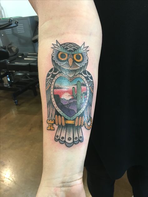 Love my owl tattoo - holds a key to homeownership and the desert landscape  Tattoo Paulski in Phoenix, AZ at Golden Rule Tattoo Desert Owl Tattoo, Desert Landscape Tattoo, Golden Rule Tattoo, Desert Owl, Desert Drawing, Landscape Tattoo, Owl Tattoo, Desert Landscape, Golden Rule