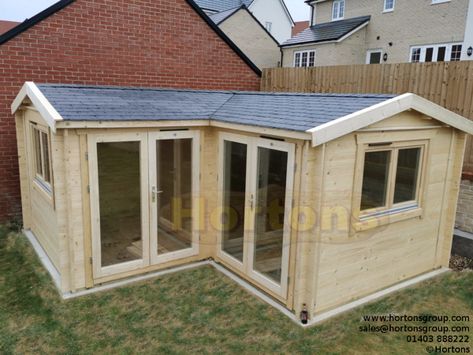 5x5 Buntingford 28mm L shaped Log Cabin - Hortons Portable Buildings Ltd Rubber Roofing, Translucent Wall, Log Cabins For Sale, Floor Insulation, Roof Overhang, Portable Buildings, Cabins For Sale, Treated Timber, Timber Buildings