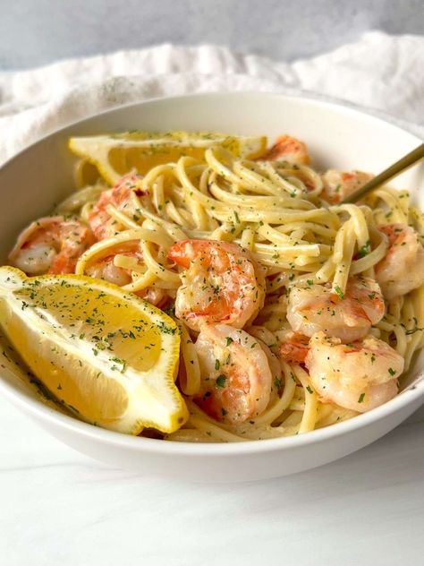 Creamy Lemon Shrimp Pasta in a Wine and Butter Sauce – The Modern Nonna Lemon Shrimp Linguine, Creamy Lemon Shrimp, Lemon Wine Sauce, Shrimp With Lemon, Pasta Entrees, Lemon Wine, The Modern Nonna, Lemon Shrimp Pasta, Modern Nonna