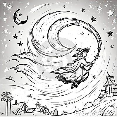 ai-generated-coloring-page-drawing-flying-witch-broomstick-moon-stars-sky Witch Coloring Page, Witch Broomstick, Witches Broomsticks, Flying Witch, Halloween Illustration, Star Sky, Moon Stars, Stars And Moon, Coloring Page