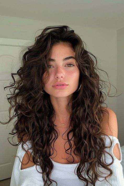 Loose Perm With Bangs, Long Dark Wavy Hair Natural, Perm Inspo Long Hair, Natural Brown Wavy Hair, Wavy Hair Brown Highlights, Natural Wavy Medium Hair, Curly Long Hair Women, Mocha Brown Curly Hair, Natural Curly Long Hair