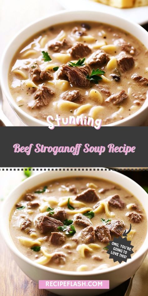 Indulge in a bowl of Beef Stroganoff Soup, a deliciously rich and creamy dish that warms the soul. Perfect for a chilly day, this easy recipe features tender beef, mushrooms, and savory spices, creating a comforting meal that’s sure to delight. Enjoy this flavorful soup with family! Beef And Pasta Soup, Soup With Leftover Steak, Shredded Beef Soup Recipes, Creamy Beef Soup, Beef Soups And Stews, Beef Soup Recipes Easy, Beef Soup With Noodles, Stroganoff Soup Recipe, Soup Recipes Beef