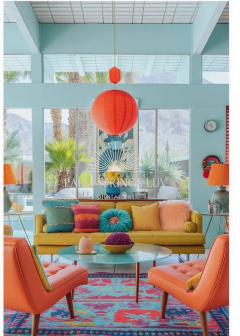 Palm Springs Poster, Palm Springs Interior, Blue Couch Living, Vintage Palm Springs, Palm Springs Mid Century Modern, Colorful Homes, Pink Living Room Decor, Desert Palm, Colorful House