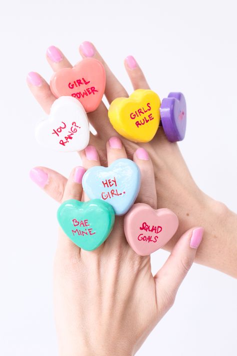 DIY Conversation Heart Rings | studiodiy.com Giant Rings, Monster Spray, Valentines Bricolage, Craft Closet, Rings Diy, Heart Rings, Conversation Heart, Studio Diy, Conversation Hearts