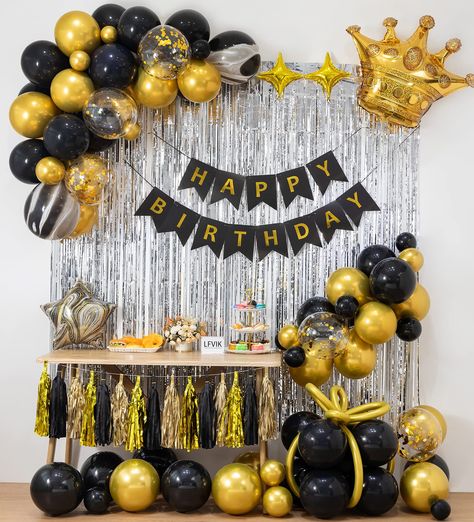 Black And Gold Birthday Party, Gold Balloons Decorations, Crown Balloon, Luxurious Party, Black And Gold Birthday, Black Party Decorations, Gold Birthday Party Decorations, Surprise Birthday Decorations, Gold Birthday Decorations