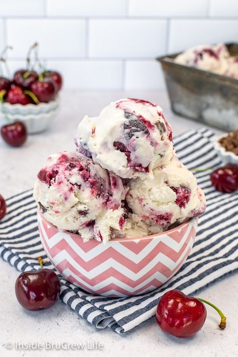 Cherry Vanilla Ice Cream - homemade cherry pie filling and chocolate chunks add a fun flavor to homemade ice cream. Easy recipe to make in minutes. Great Cherry Garcia copycat! Cherry Pie Ice Cream, Cherry Vanilla Ice Cream, Food Polls, Cherry Garcia, Homemade Cherry Pies, Easy Ice Cream Recipe, Vanilla Ice Cream Recipe, Cherry Vanilla, Ice Cream Maker Recipes