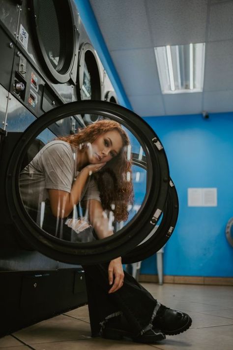 Launderette Photoshoot, Laundromat Photoshoot Aesthetic, Washing Machine Photoshoot, Laundrette Photoshoot, Laundry Room Photoshoot, Laundry Mat Photoshoot, Laundromat Aesthetic, Laundry Photography, Laundromat Photoshoot