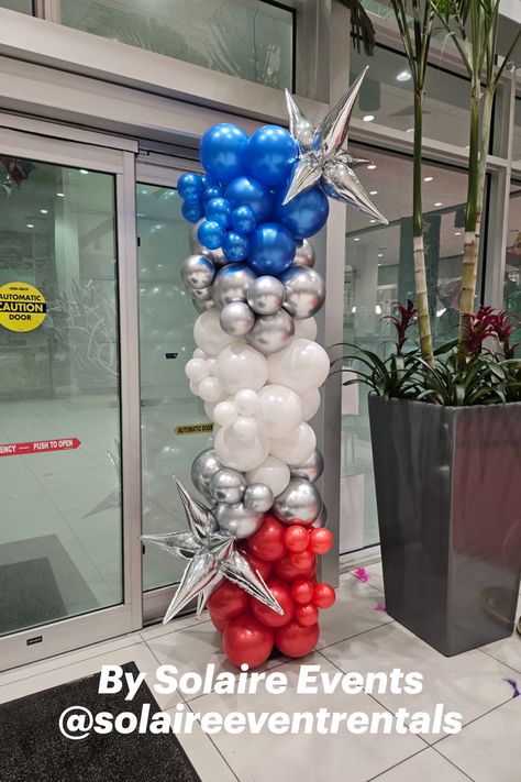 Red, white, blue and chrome silver balloon column for 4th of July. Balloon Pillars, White Party Decorations, Blue Birthday Parties, Balloon Tassel, Silver Balloon, Silver Party, Love Balloon, Balloon Sculptures, Birthday Party Balloon