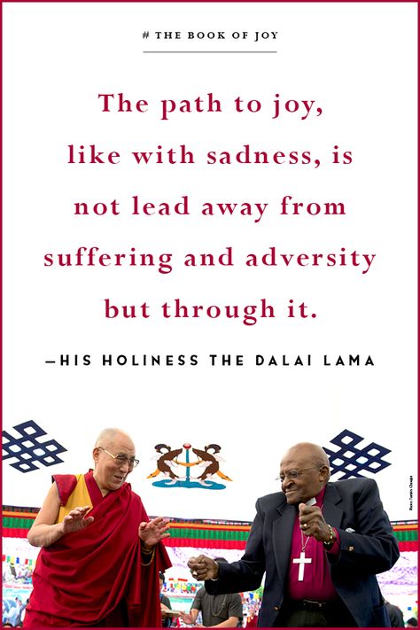 Quote on acceptance, adversity and sadness. "The path to joy like with sadness, is not lead away from suffering and averstiy but through it." by His Holiness The Dalai Lama from The Book of Joy The Book Of Joy, His Holiness The Dalai Lama, Sunrise Quotes, Acceptance Quotes, Dalai Lama Quotes, The Dalai Lama, Desmond Tutu, Joy Quotes, Mantra Quotes