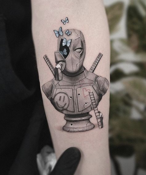 pinterest: hezzprice Whip Shading Tattoo, Statue Tattoos, Deadpool Statue, Deadpool Tattoo, Shading Tattoo, Michael Fox, Comic Tattoo, Statue Tattoo, Mini Tattoo