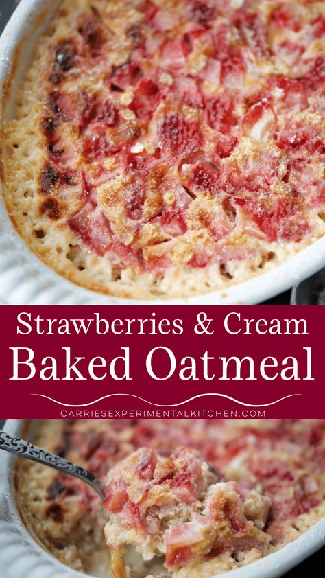 Strawberries and Cream Baked Oatmeal made with whole grain oats and fresh strawberries is a tasty way to start your day.  #breakfast #oatmeal Strawberry Baked Oats Recipe, Baked Oatmeal With Strawberries, Strawberries And Cream Baked Oatmeal, Strawberry Oatmeal Bake Breakfast, Baked Oatmeal With Fruit, Healthy Breakfast With Strawberries, Ways To Use Strawberries, Strawberry Oatmeal Bake, Oatmeal With Strawberries