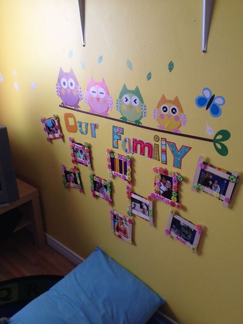 Family Photos Wall, Wall Display Ideas, Daycare Room Ideas, Infant Room Daycare, Displaying Family Pictures, Childcare Rooms, Starting A Daycare, Daycare Decor, Daycare Design