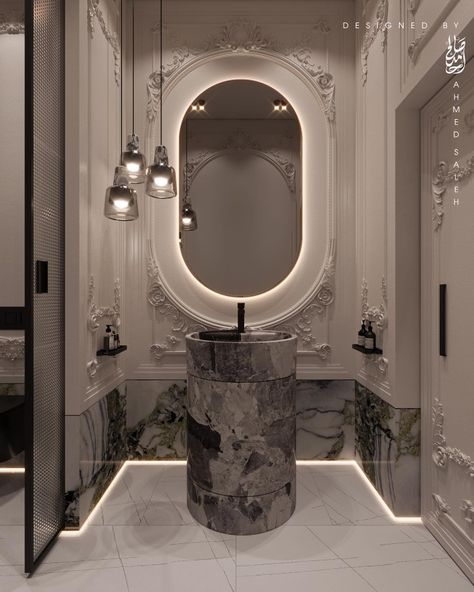 Wash Basin Ideas In Living Room Modern, Powder Washroom Ideas, Washroom Design Modern, Classic Bathroom Design Luxury, Luxury Washroom Design, Luxury Washroom, Luxury Marble Texture, Classic Powder Room, Black Marble Texture