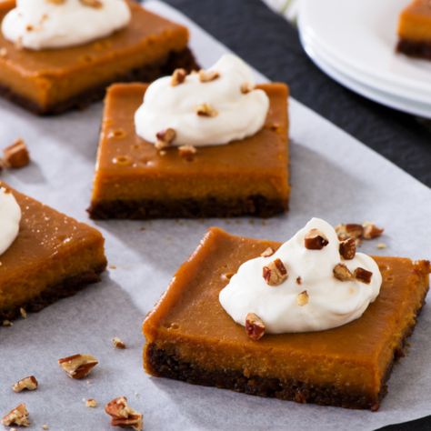 Pumpkin Pie Bars - E.D.SMITH® Pumpkin Pie Filling Recipes, Healthy Pumpkin Pie Bars, Specialty Desserts, Healthy Pumpkin Pies, Pie Filling Recipes, Traditional Pumpkin, Pumpkin Pie Bars, Pumpkin Desserts, Sweetened Whipped Cream