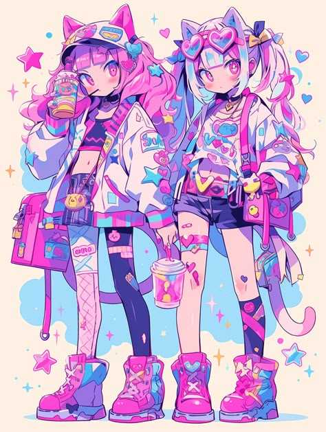 Harajuku Art, All Out Anime, Best Anime Drawings, Chibi Anime Kawaii, Cute Doodle Art, Neon Art, Cute Art Styles, Kawaii Drawings, Kawaii Art