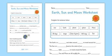 Earth, Sun and Moon Activity Sheet Pack - worksheets, worksheet, work sheet, space, in space, earth, sun, moon, sun and moon, planet, our planet, sheets, activity, writing frame, filling in, writing activity Moon Worksheet, Moon And Earth, Grade 2 Science, Earth Sun And Moon, Moon Activities, Moon Planet, Sun And Earth, Work Sheet, 1st Grade Worksheets