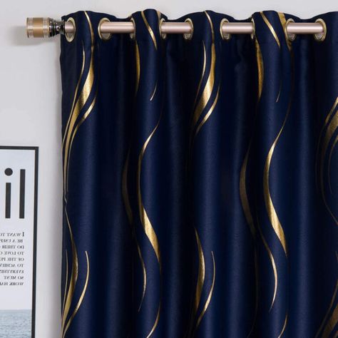 35+ Navy Blue and Gold Bedroom Ideas and Inspiration - Pursuit Decor Blue And Gold Curtains, Gold Curtains Living Room, Blue Curtains Living Room, Blue And Gold Living Room, Blue And Gold Bedroom, Navy Blue Curtains, Gold Bedroom Decor, Blue Living Room Decor, Gold Living Room