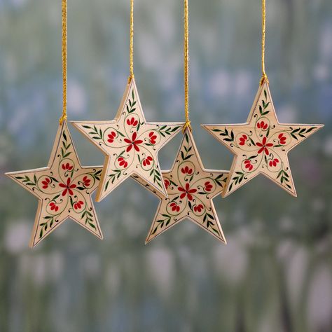 Novica Ganesh Sharma Christmas Star Handcrafted Ornament with Flower Motif Christmas Star Ornaments, Christmas Tree Top, Clay Christmas Decorations, Star Ornaments, Handcrafted Ornaments, Flower Motifs, Tree Top, Star Of Bethlehem, Flower Motif