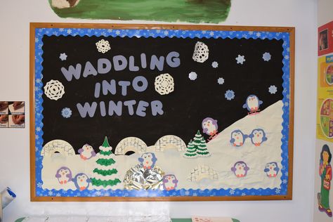 Winter Bulletin Board "Waddling Into Winter" #winter #bulletinboard #preschool… Penguins Kindergarten, Infant Room Daycare, Winter Bulletin Board, Kindergarten Bulletin Boards, January Bulletin Boards, Winter Bulletin, Toddler Lessons, Winter Bulletin Boards, Lesson Plans For Toddlers